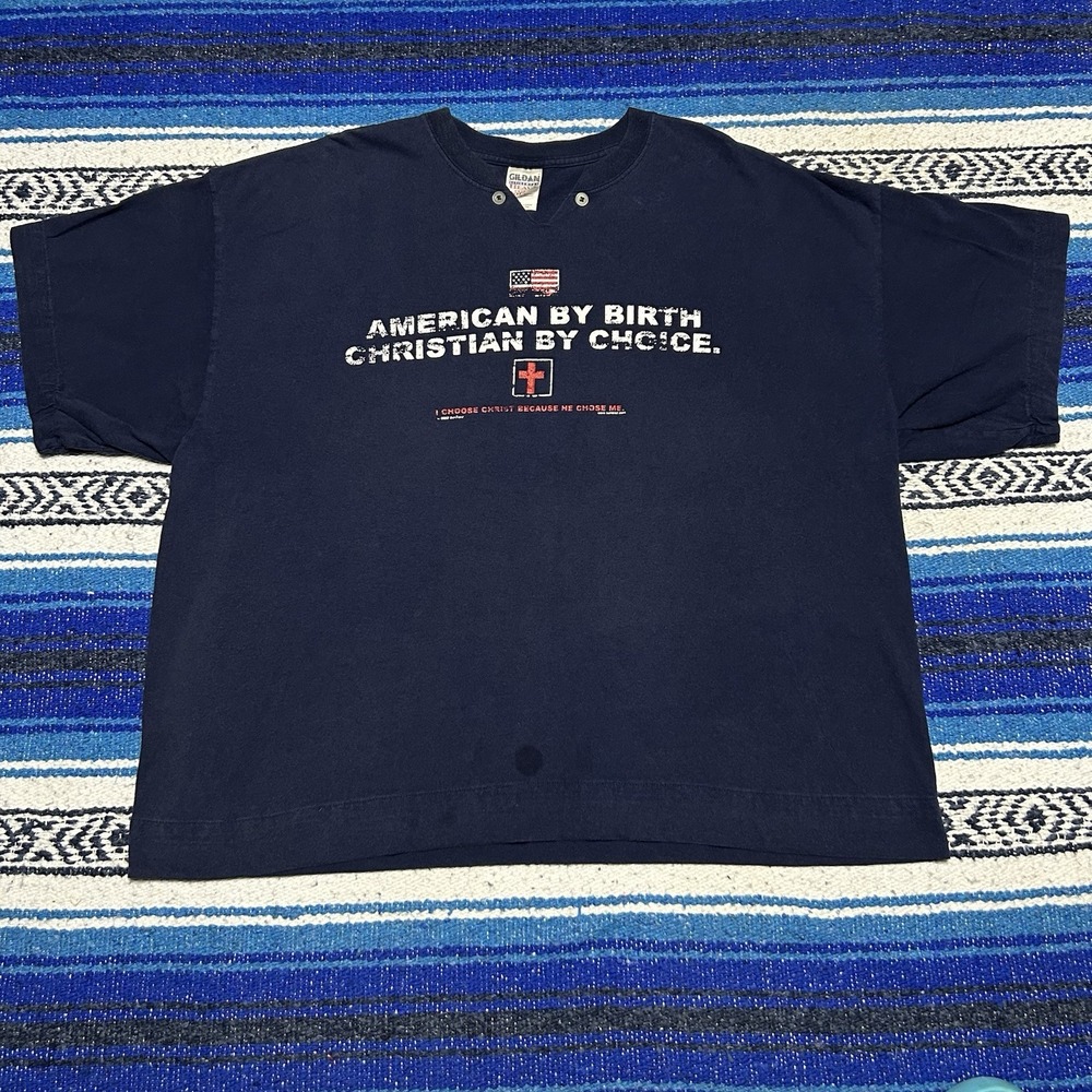 Vintage 2002 Christian T Shirt Mens 2XL American By Birth USA Flag Y2K Gildan